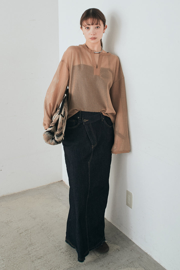 [SET]メッシュカットソースキッパープルオーバー+ウエストクロスデニムタイトスカート(2set)