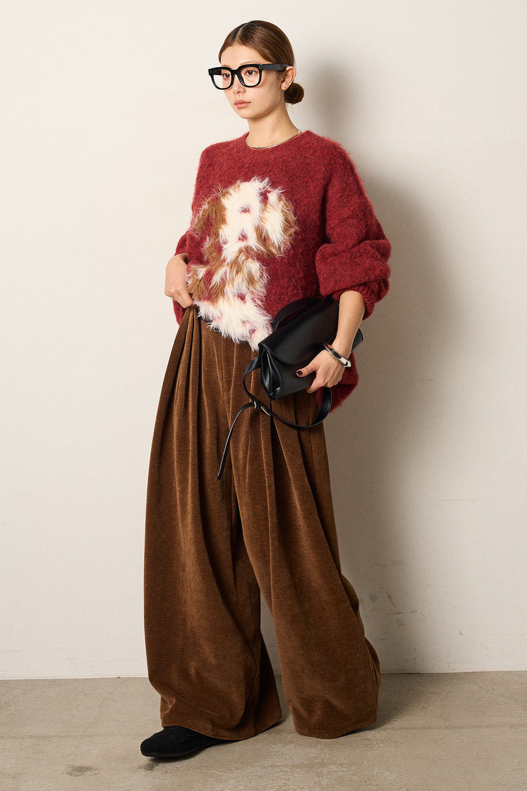 [SET]シャギーニュアンスアニマルニット+ベルトループコーデュロイワイドパンツ(2set)