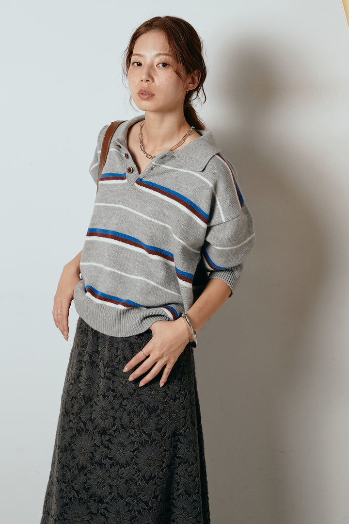 [SET]襟付きマルチボーダーニットポロトップス+花柄刺繍ベロアフレアスカート(2set)