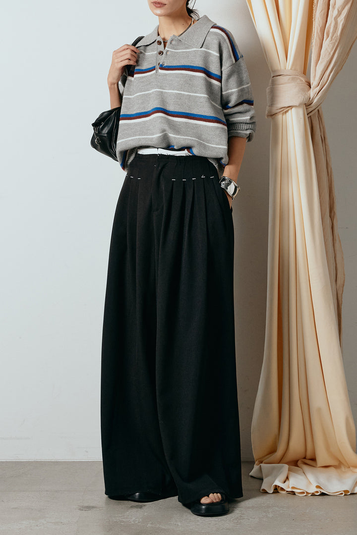 [SET]襟付きマルチボーダーニットポロトップス+ウエストステッチデザインワイドスラックス(2set)