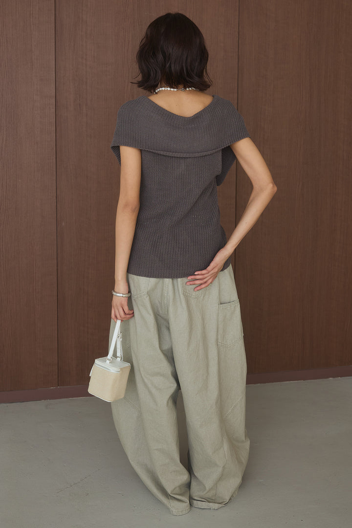 [SET]ビッグカラーボタンニットトップス+ベルト付きカラーデニムパンツ(2set)