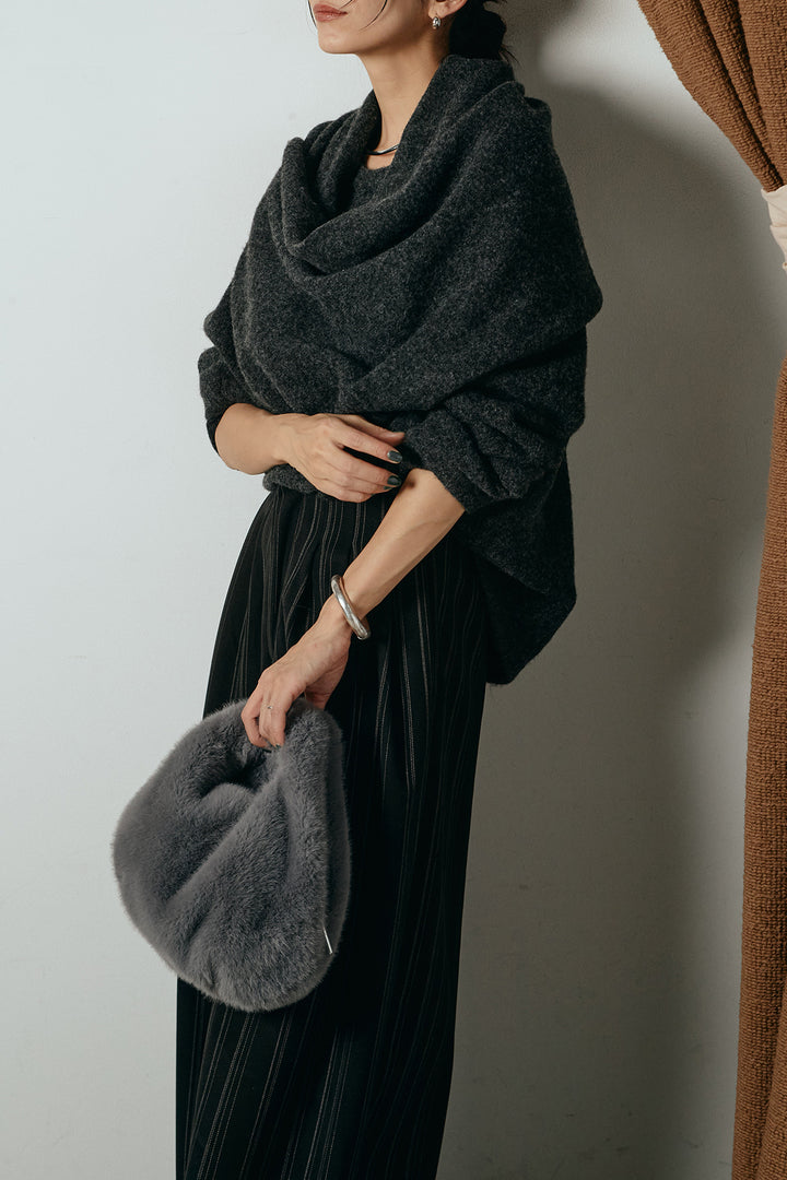 [SET]ネック巻きデザインニットトップス+タック入りマルチストライプ柄ワイドパンツ(2set)