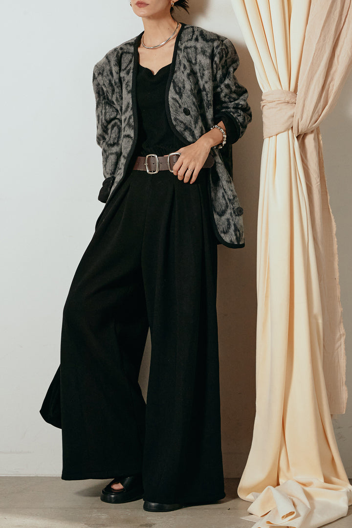 [SET]ノーカラーレオパード柄アウター+フェイクレザー太ベルト付きタックワイドパンツ(2set)