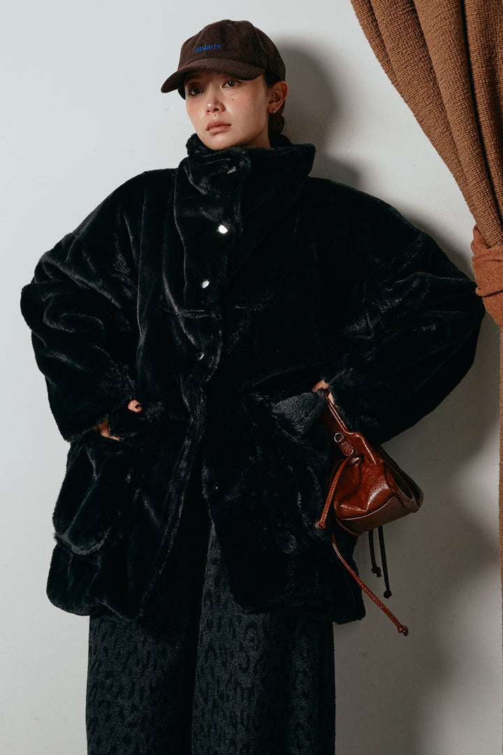 [SET]スタンドネックファーコート+レオパードジャガードニットパンツ(2set)