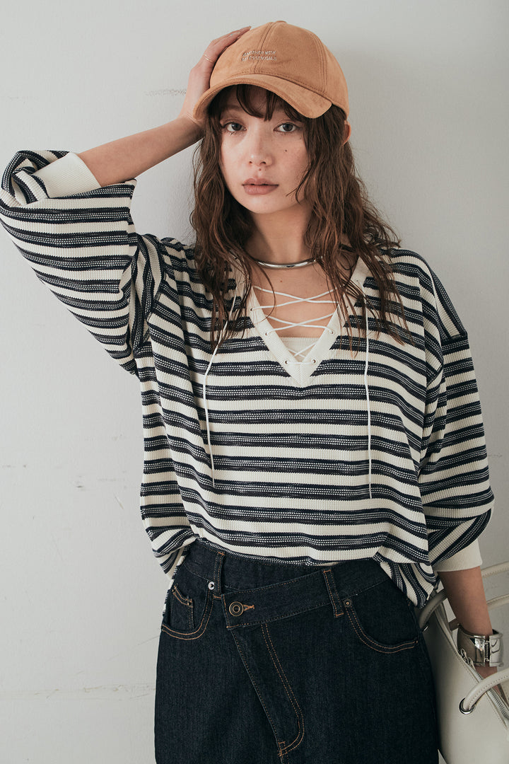 [SET]レースアップワッフルボーダートップス+ウエストクロスデニムタイトスカート(2set)