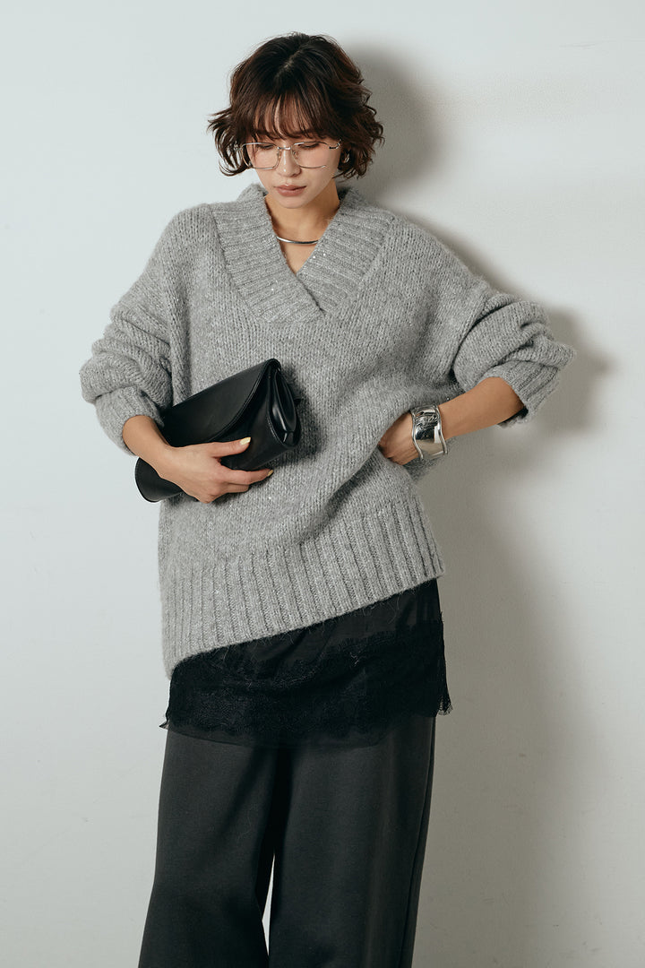 [SET]Vネックラメニットトップス+裏起毛スウェットワイドパンツ+レース切り替えキャミソール(3set)