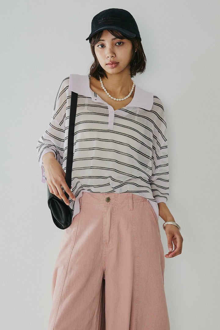 [SET]ボーダーニットポロシャツ+サイドベルトカーブワイドパンツ(2set)