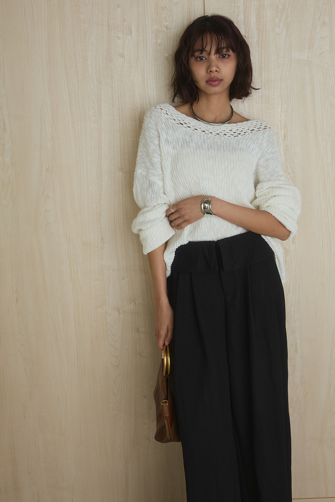 [SET]ネック編みデザインニットトップス+ウエスト折り返しワイドパンツ(2set)