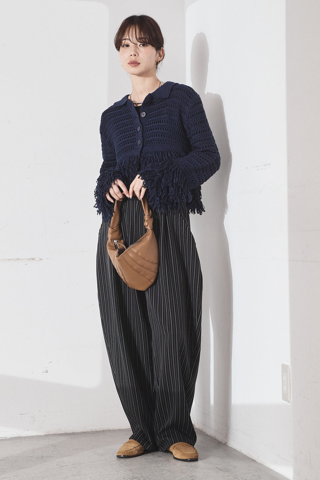 [SET]メッシュフリンジカーディガン+ヘリンボーンストライプツータックパンツ(2set)