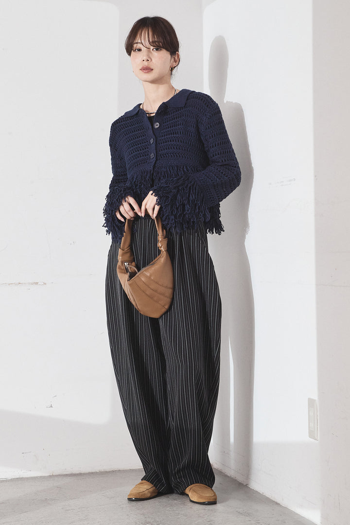 [SET]メッシュフリンジカーディガン+ヘリンボーンストライプツータックパンツ(2set)
