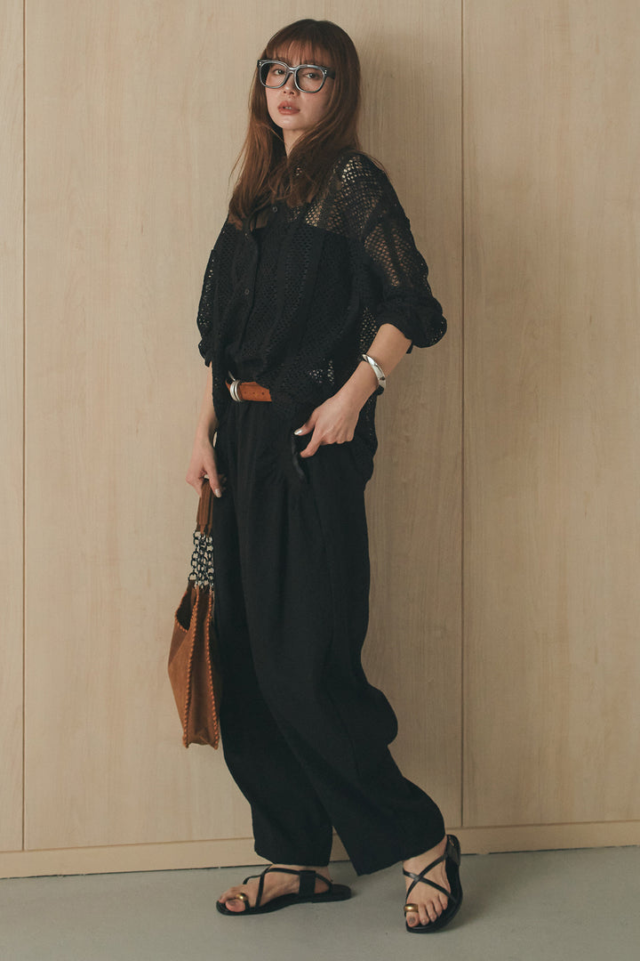 [SET]長袖襟付きレースシャツ+ポケットタックフォルムパンツ(2set)