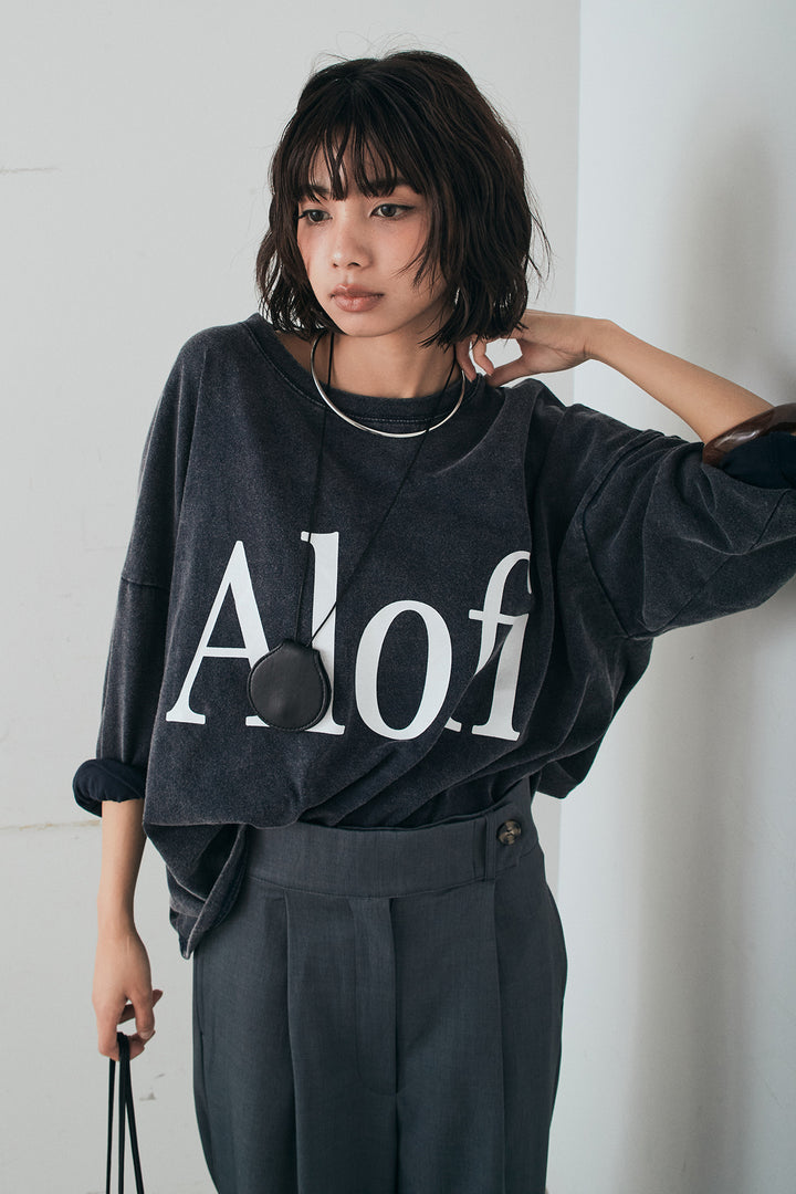 [SET]裾センタードロストロゴプリントワイドTシャツ+センタープレスセミワイドパンツ(2set)