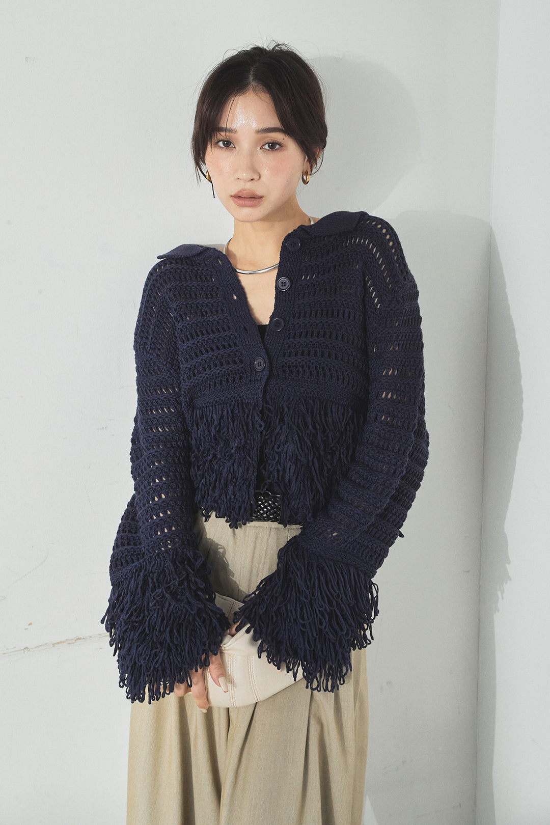 [SET]メッシュフリンジカーディガン+編みベルト付きウエストタックワイドパンツ(2set)