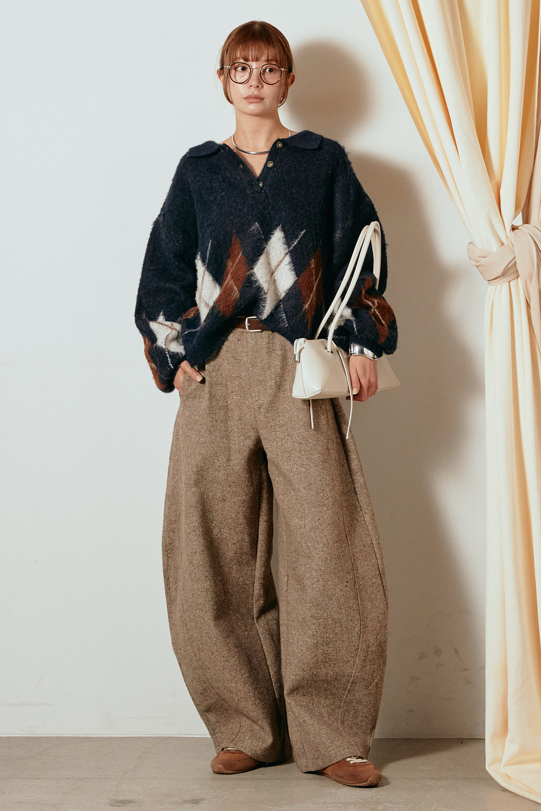 [SET]アーガイル柄ポロニットトップス+ベルト付きネップツイードカーブパンツ(2set)