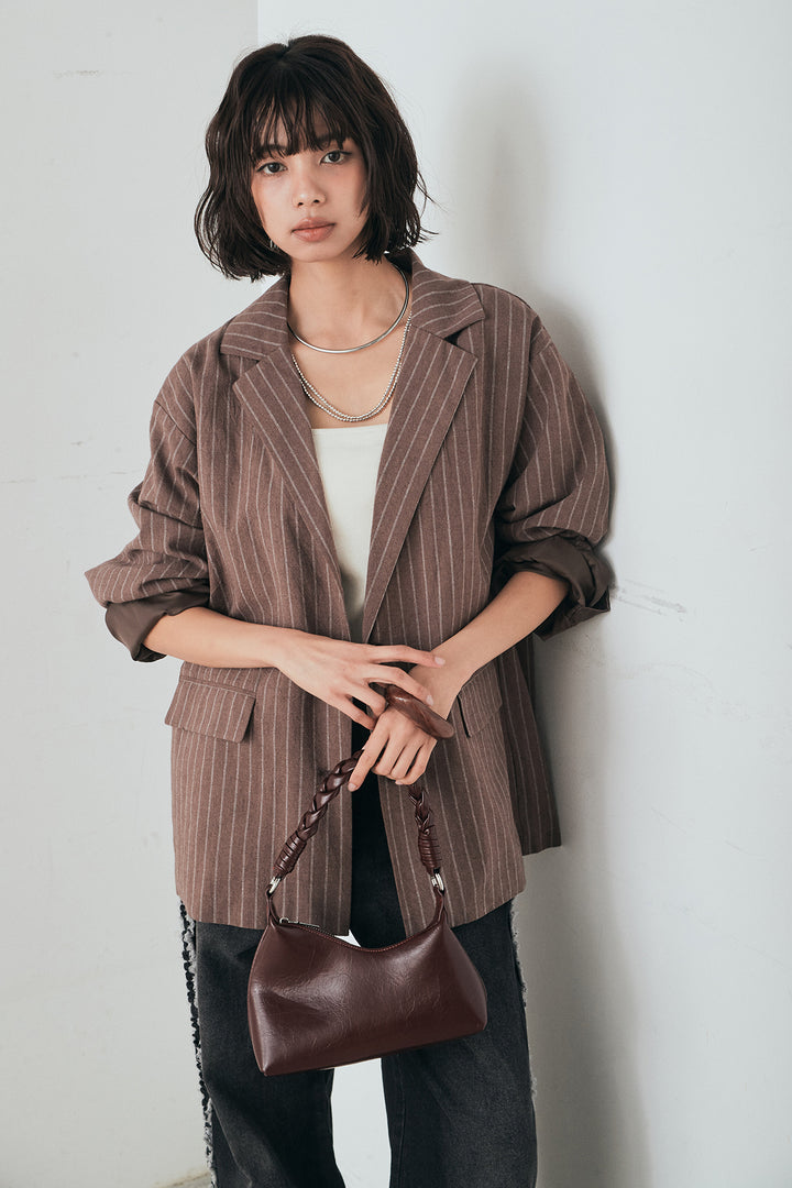 [SET]リネンライクストライプテーラードジャケット+デニムサイドフリルパンツ(2set)