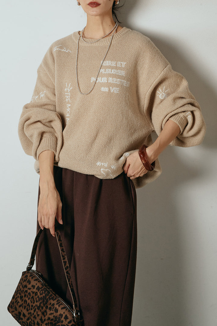 [SET]刺繍ロゴランダムデザインニットトップス+裏起毛スウェットワイドパンツ(2set)