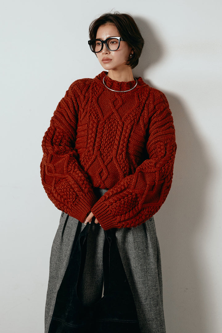 [SET]アラン柄ミックスケーブルニット+サイドボタンツイードタックパンツ(2set)