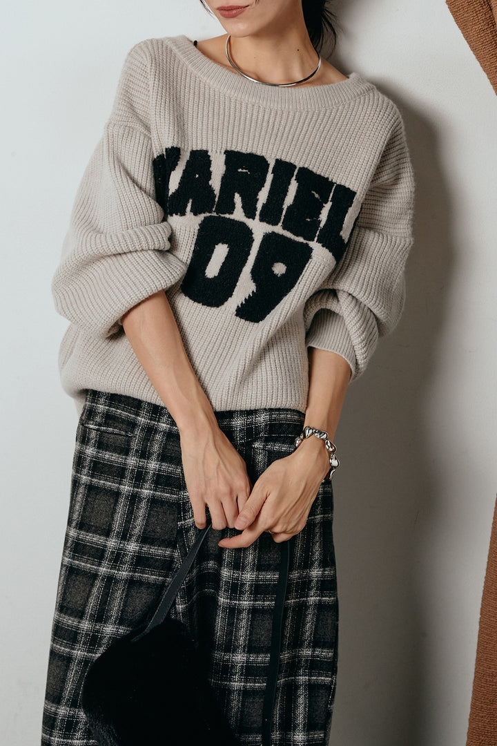 [SET]ロゴジャガードニットトップス+ルーズタータンチェックワイドパンツ(2set)