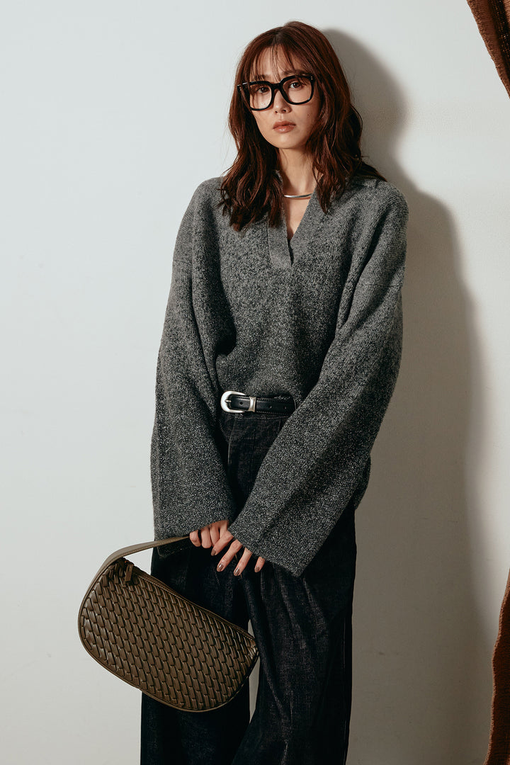 [SET]グラデーションラメニットキーネックプルオーバー+フロントタック入りコーデュロイパンツ(2set)