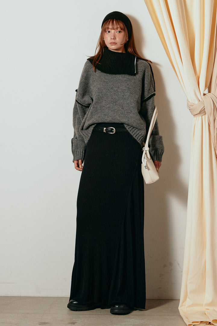 [SET]ハイネックジップデザインニットトップス+サイド切り替えリブニットロングスカート(2set)