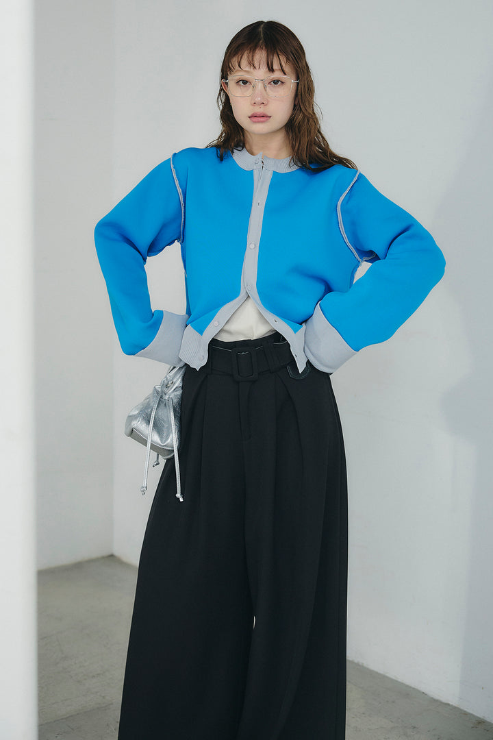 [SET]リバーシブル配色ニットカーディガン+ベルト付きツータックワイドパンツ(2set)