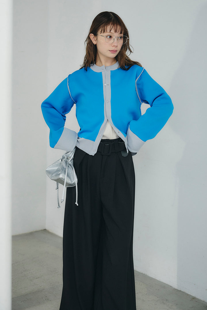 [SET]リバーシブル配色ニットカーディガン+ベルト付きツータックワイドパンツ(2set)