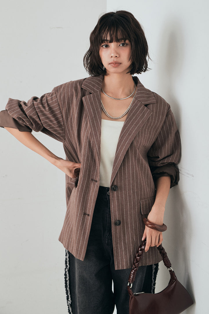 [SET]リネンライクストライプテーラードジャケット+デニムサイドフリルパンツ(2set)