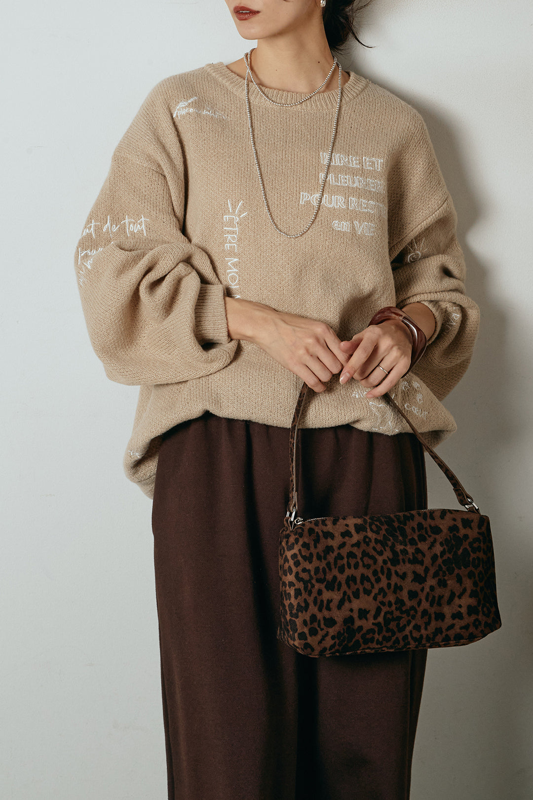 [SET]刺繍ロゴランダムデザインニットトップス+裏起毛スウェットワイドパンツ(2set)