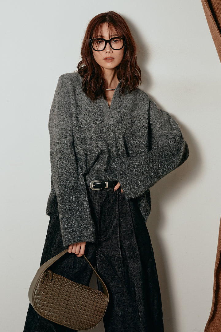 [SET]グラデーションラメニットキーネックプルオーバー+フロントタック入りコーデュロイパンツ(2set)