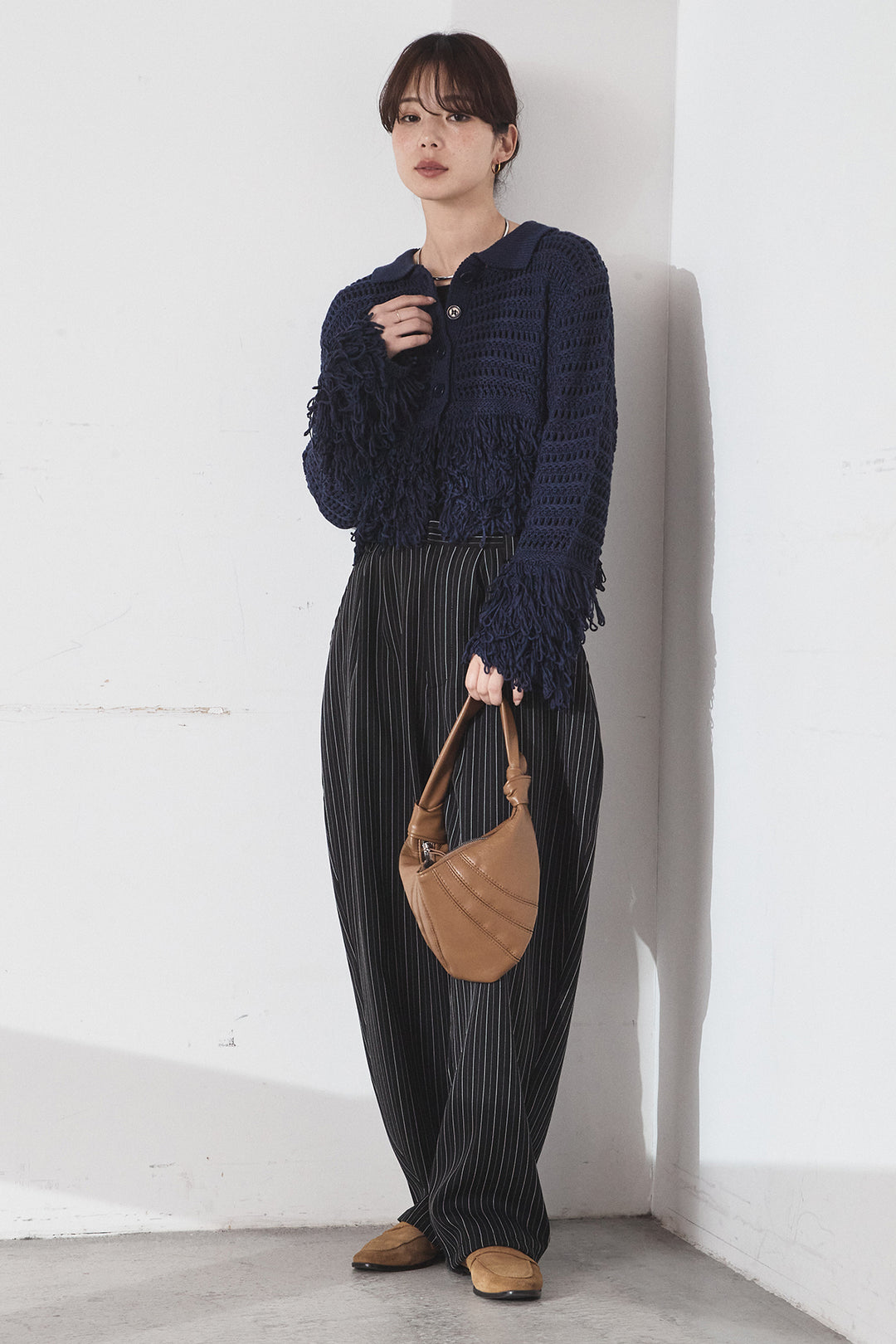 [SET]メッシュフリンジカーディガン+ヘリンボーンストライプツータックパンツ(2set)