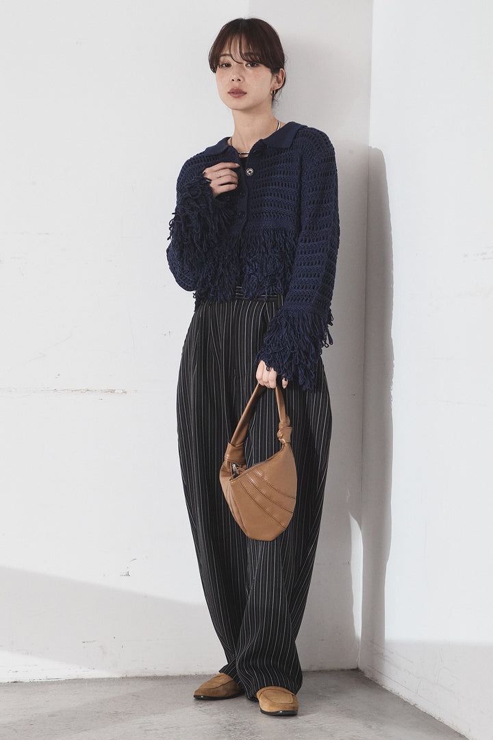 [SET]メッシュフリンジカーディガン+ヘリンボーンストライプツータックパンツ(2set)