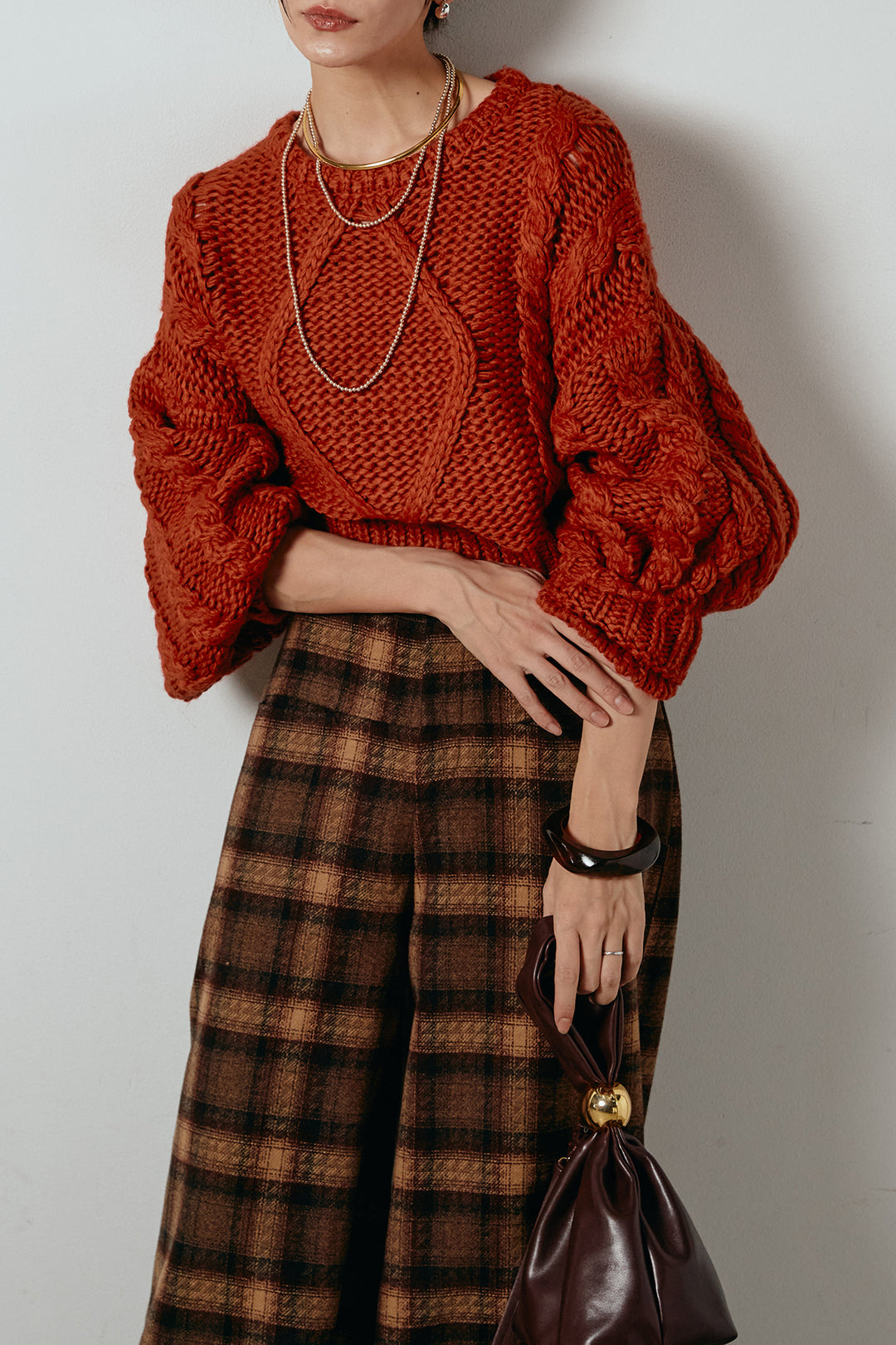 [SET]ロービングケーブルショート丈プルオーバー+ルーズタータンチェックワイドパンツ(2set)