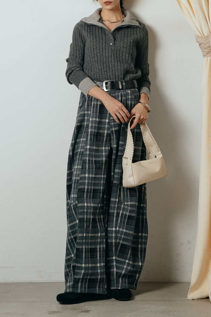[SET]レイヤード風リブニットトップス+ベルト付きタータンチェックカーブワイドパンツ(2set)