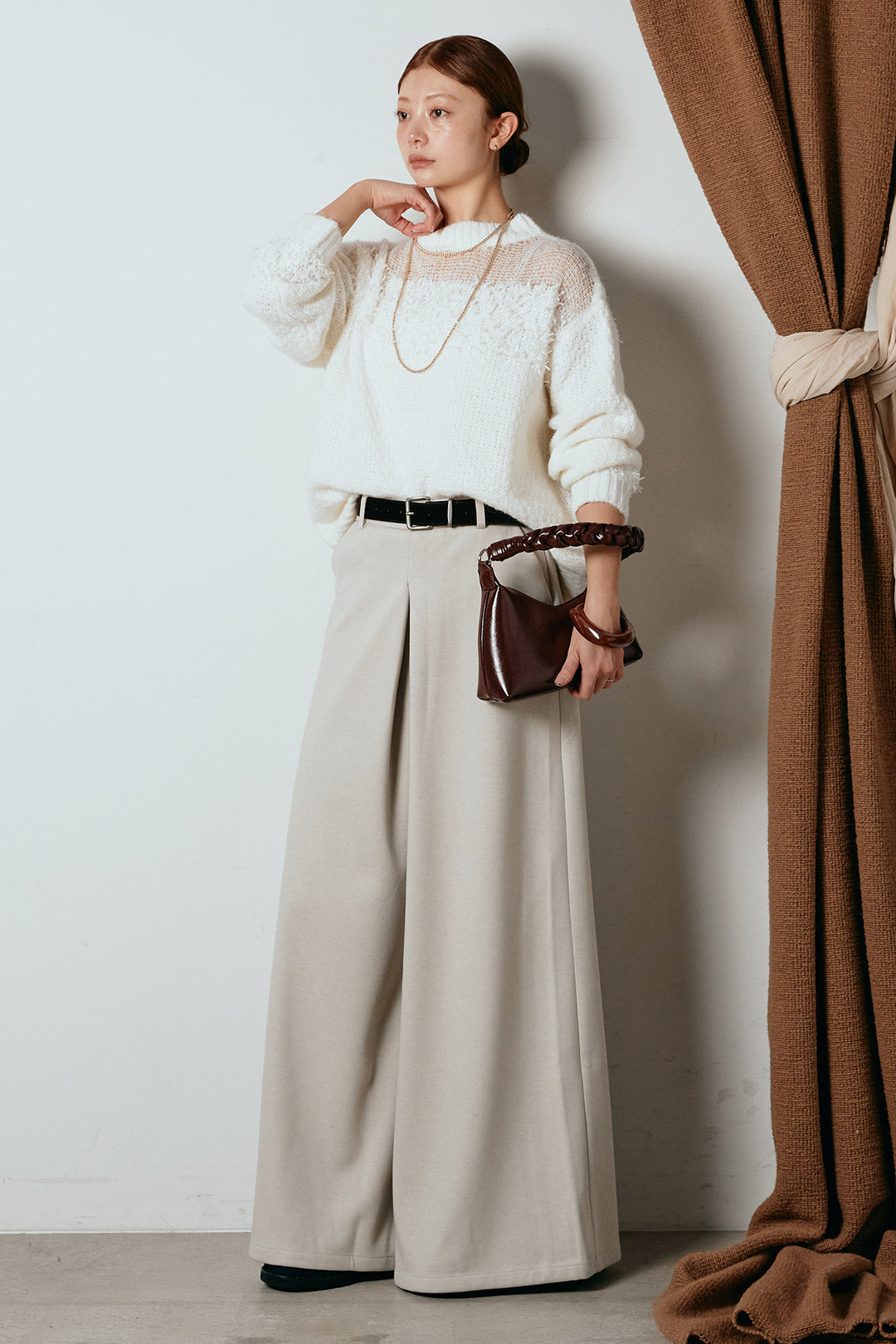 [SET]パターンランダム編みニットトップス+ベルト付きフロントタックデザインパンツ(2set)