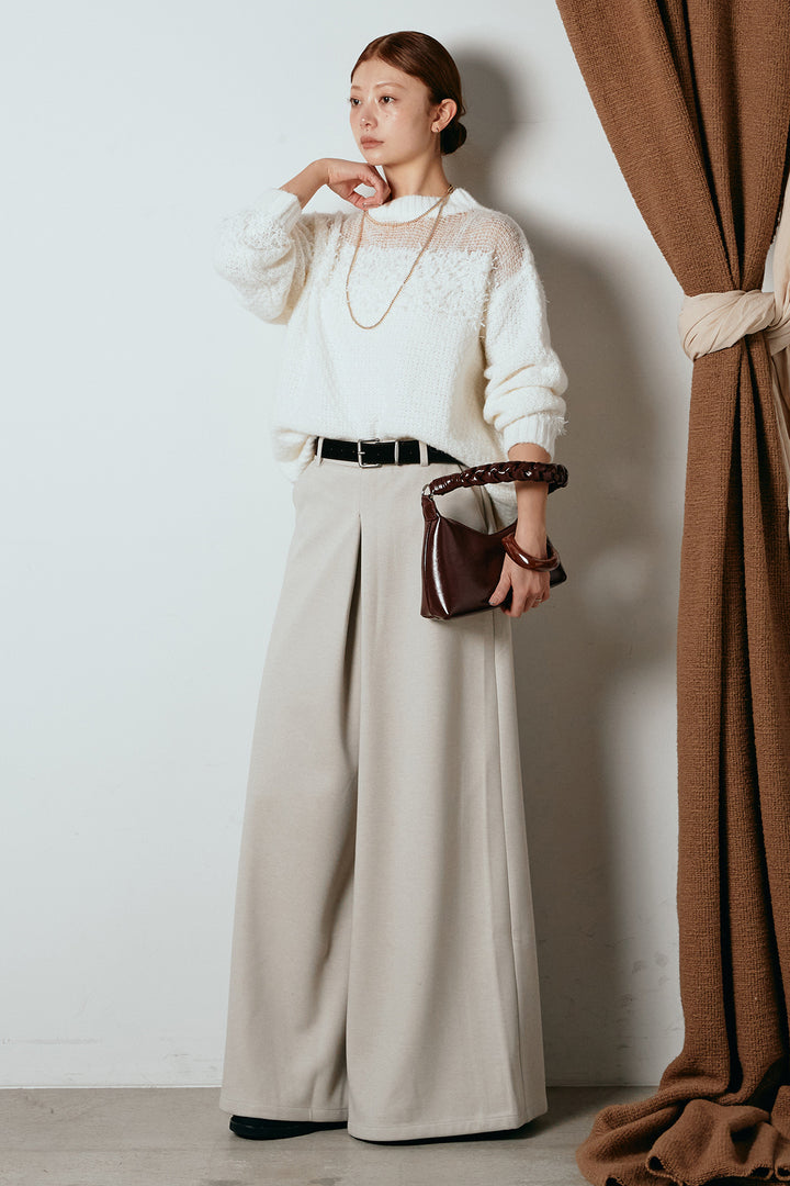 [SET]パターンランダム編みニットトップス+ベルト付きフロントタックデザインパンツ(2set)