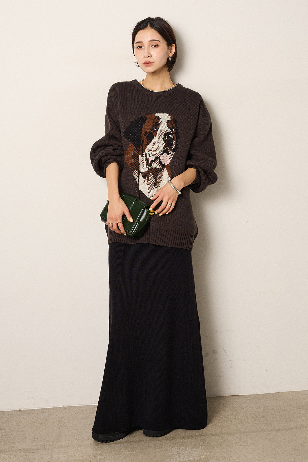 [SET]アニマルジャガード柄ニットトップス+リブナローニットスカート(2set)