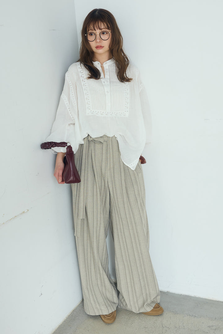 [SET]レース刺繍ラインバンドカラーシャツ+リネンライクピンストライプサイドデザインパンツ(2set)