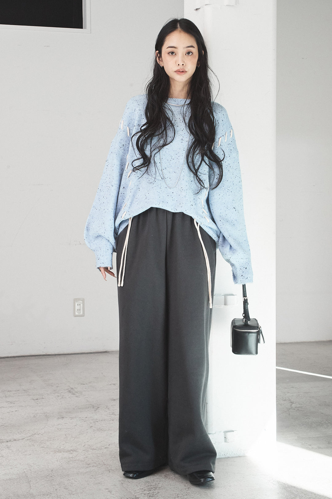 [SET]ネップ編み上げニットトップス+裏起毛スウェットワイドパンツ(2set)