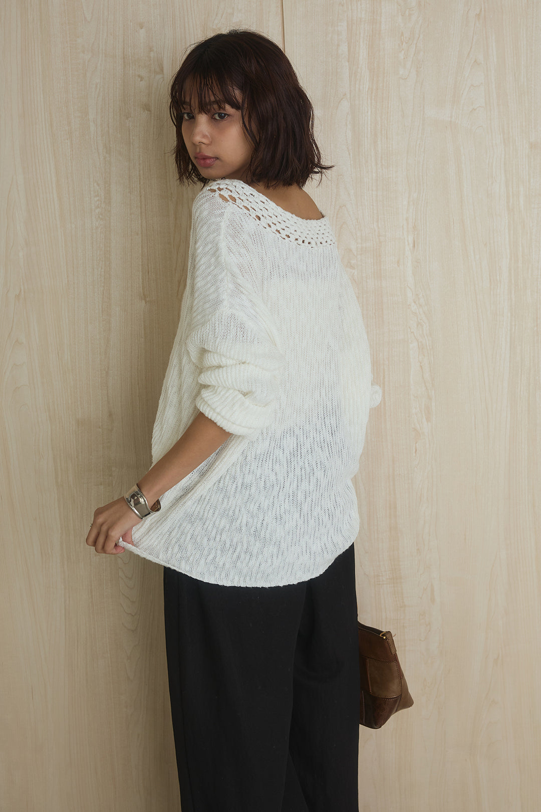 [SET]ネック編みデザインニットトップス+ウエスト折り返しワイドパンツ(2set)