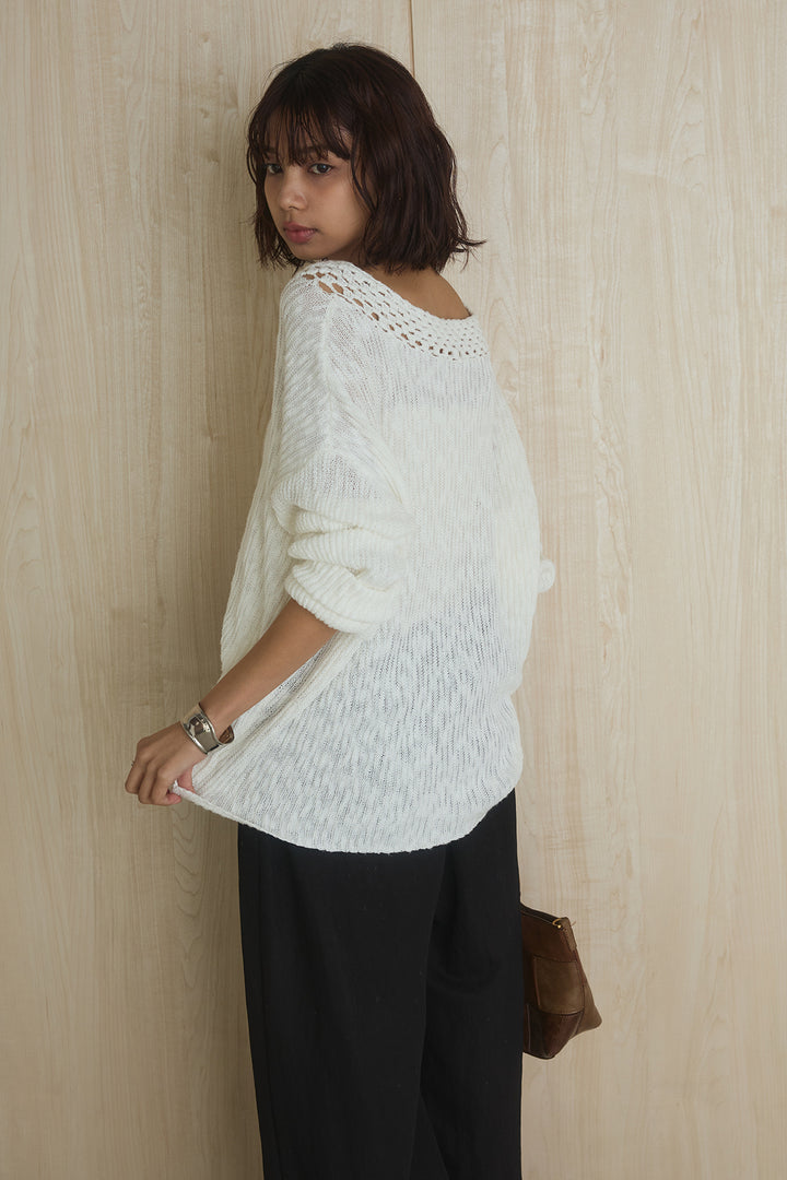 [SET]ネック編みデザインニットトップス+ウエスト折り返しワイドパンツ(2set)