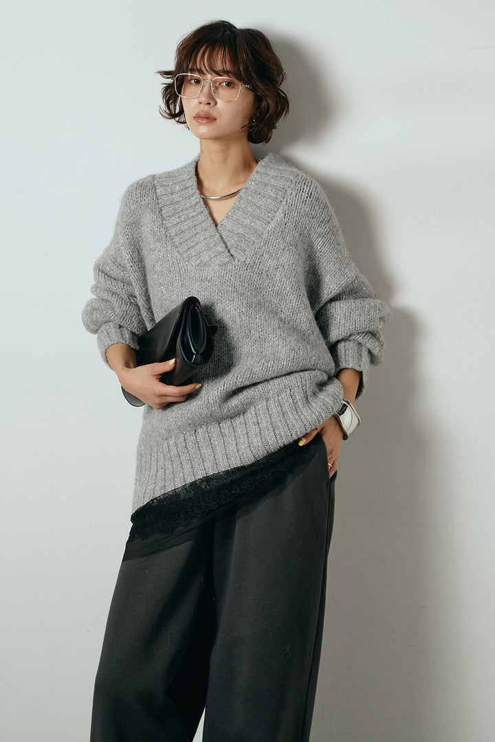 [SET]Vネックラメニットトップス+裏起毛スウェットワイドパンツ+レース切り替えキャミソール(3set)