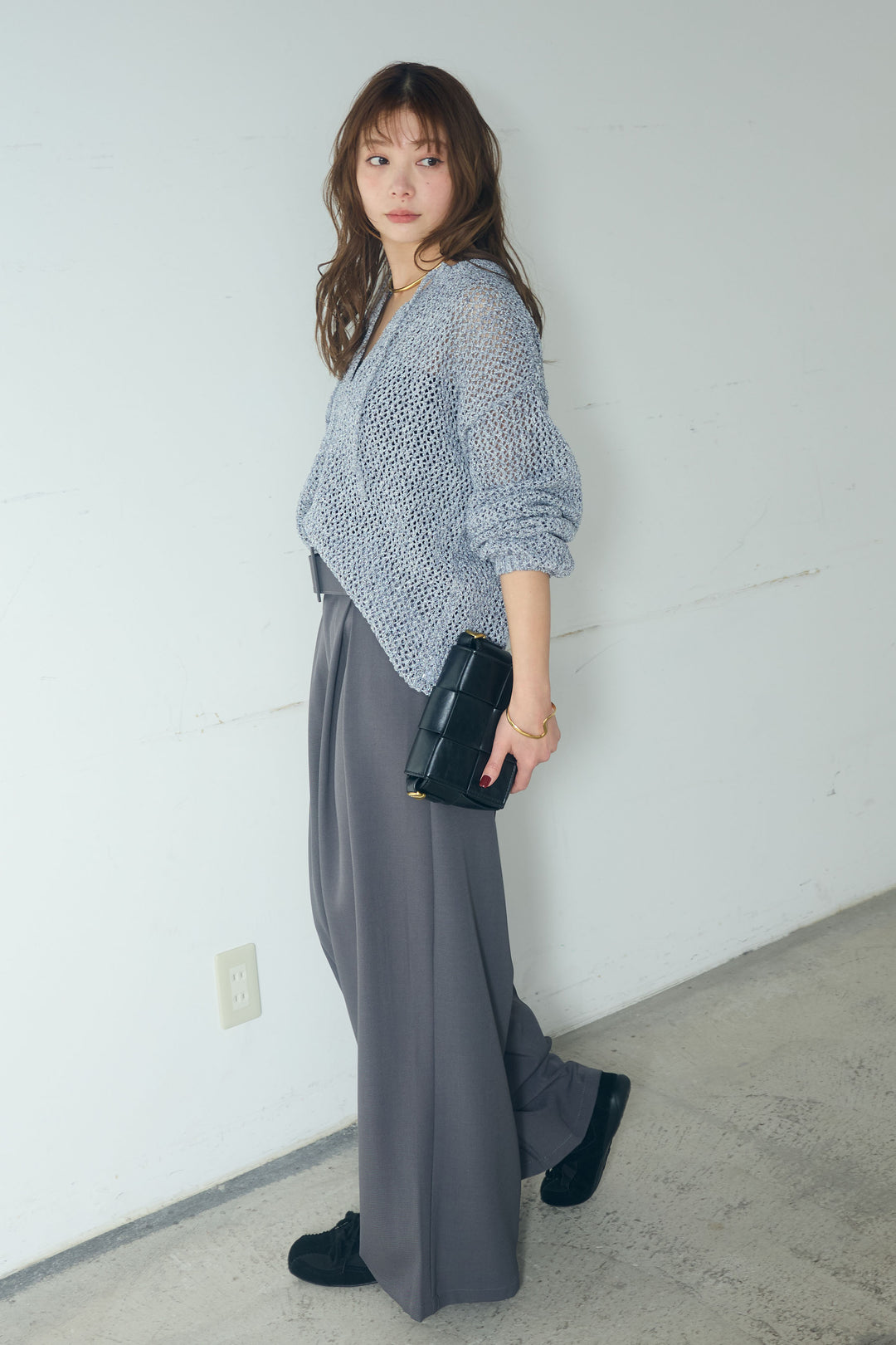 【即納】ミックスメッシュキーネックプルオーバー