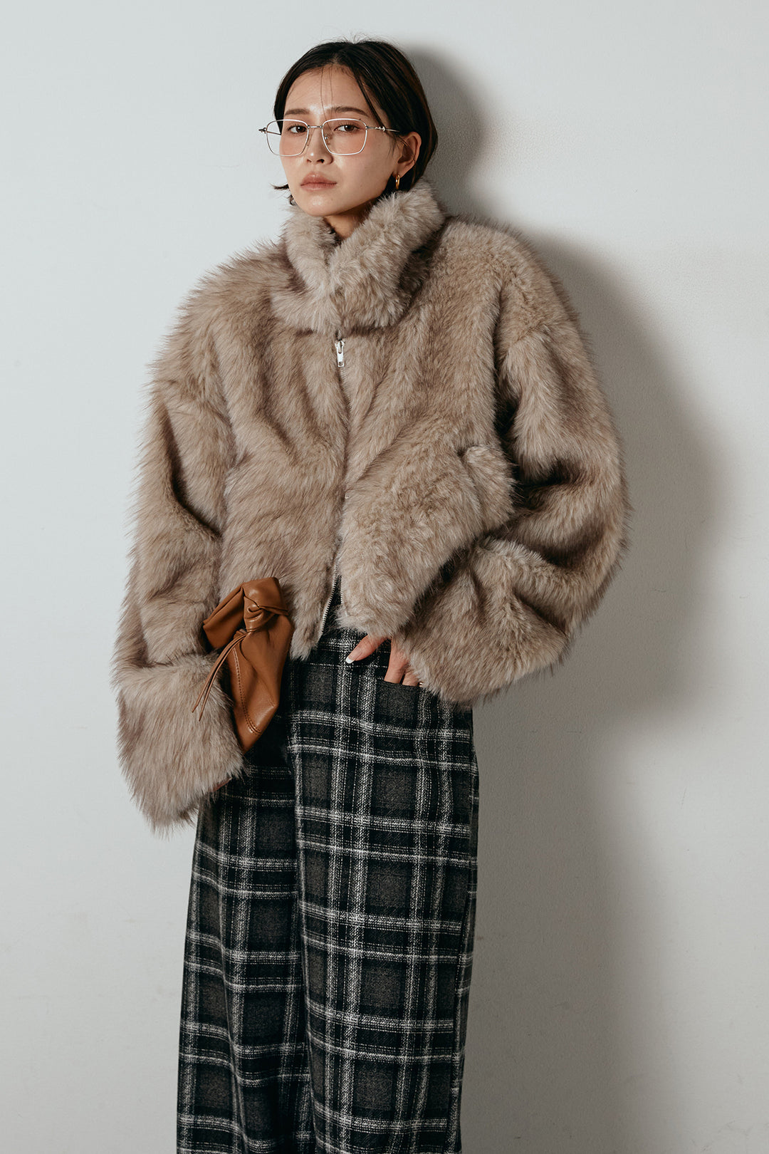 [SET]エコファーショート丈ブルゾン+ルーズタータンチェックワイドパンツ(2set)