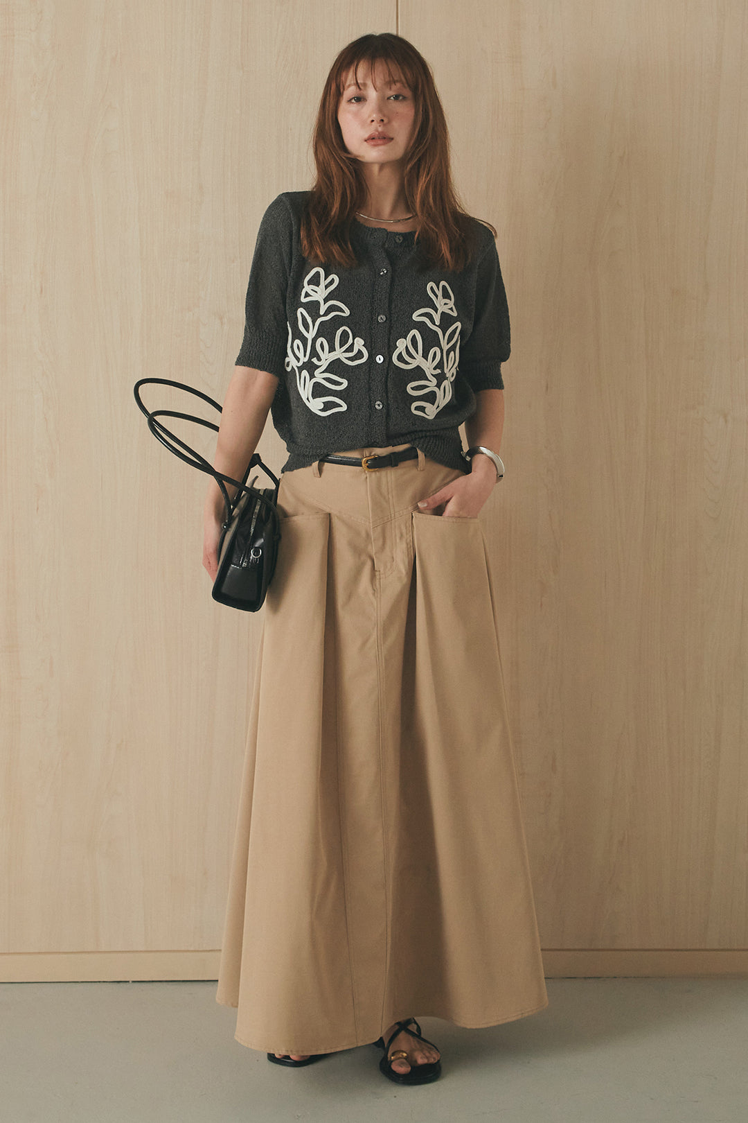 [SET]フロントテープデザイン半袖カーディガン+ミリタリーツイルタックフレアスカート(2set)