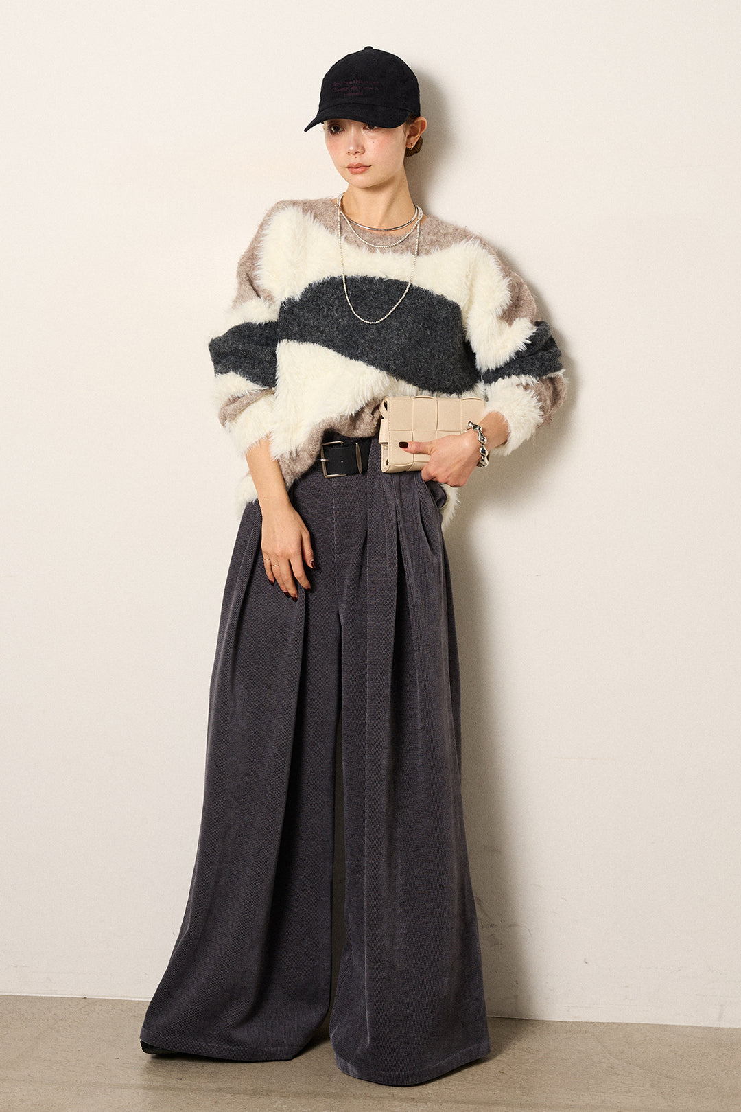 [SET]シャギーウェーブ柄クルーネックニットトップス+ベルトループコーデュロイワイドパンツ(2set)