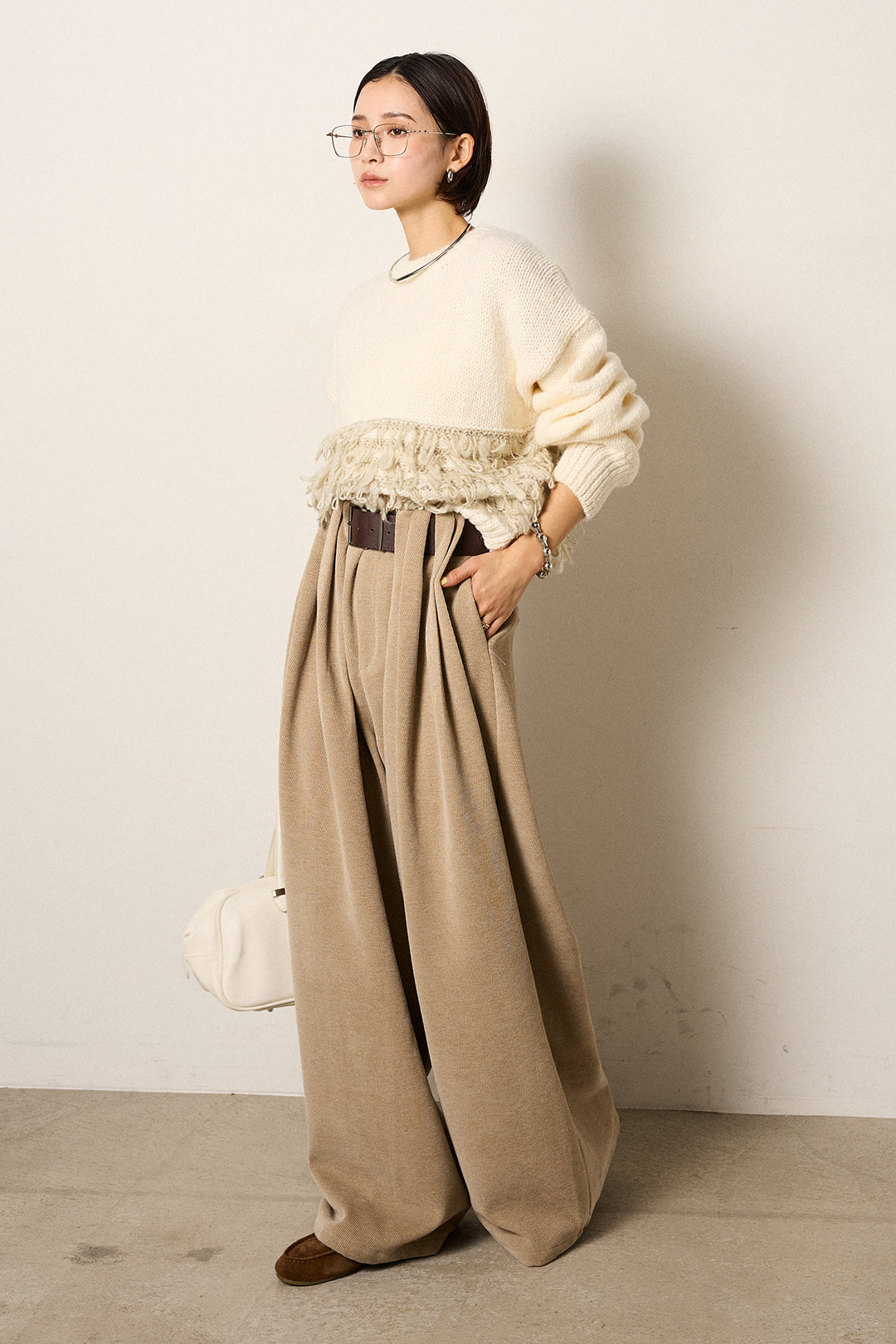 [SET]ループ編み切り替えニットプルオーバー+ベルトループコーデュロイワイドパンツ(2set)