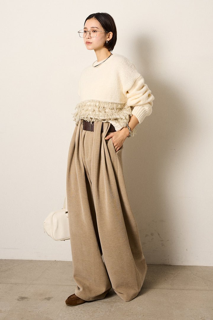 [SET]ループ編み切り替えニットプルオーバー+ベルトループコーデュロイワイドパンツ(2set)