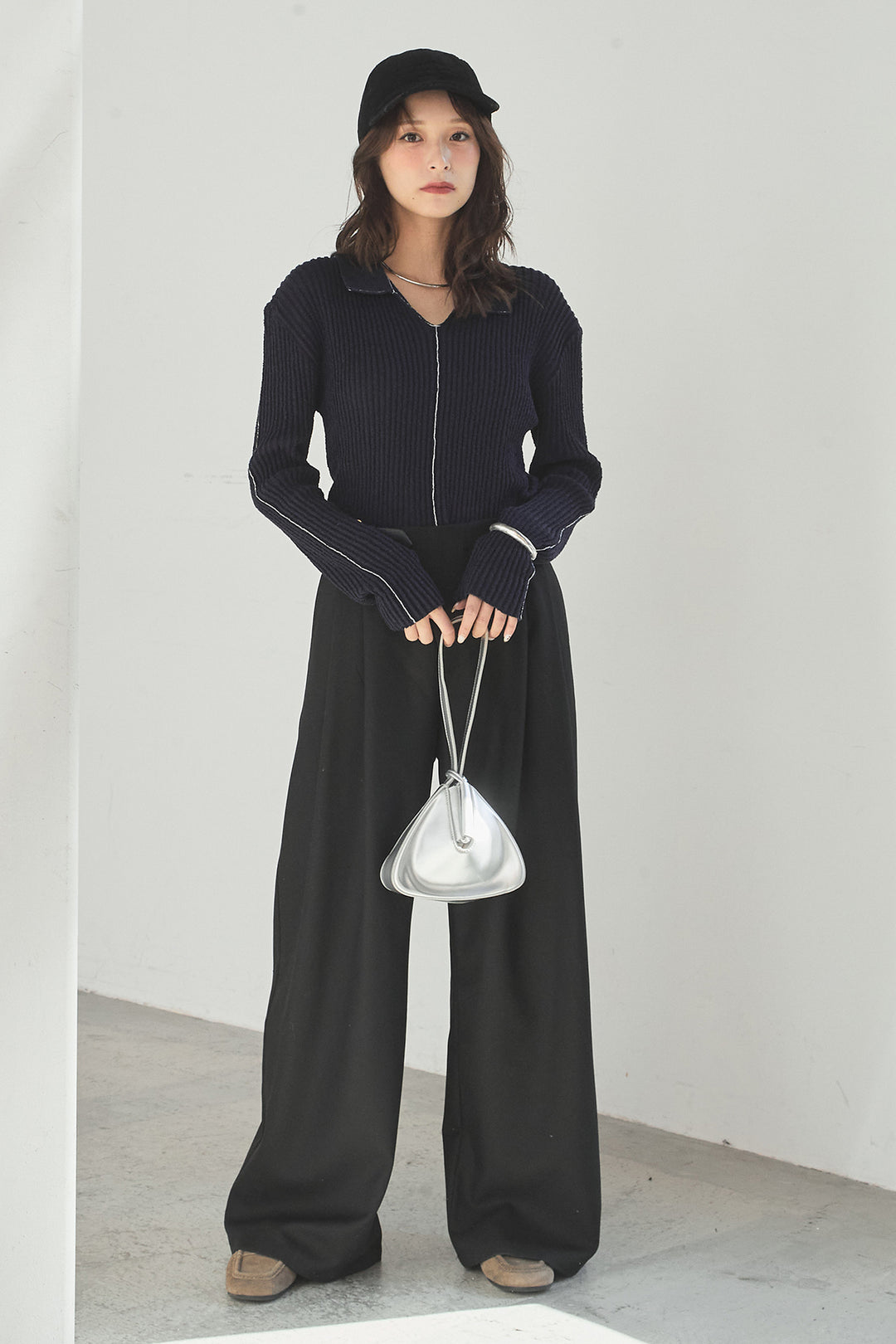 [SET]衿付きニットプルオーバー+サイドベルトタック入りスラックス(2set)