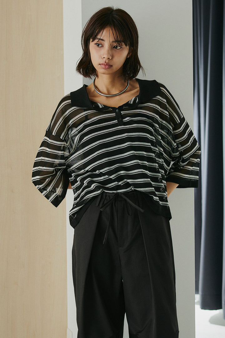 [SET]ボーダーニットポロシャツ+ニーサイドタックウエストドロスパンツ(2set)