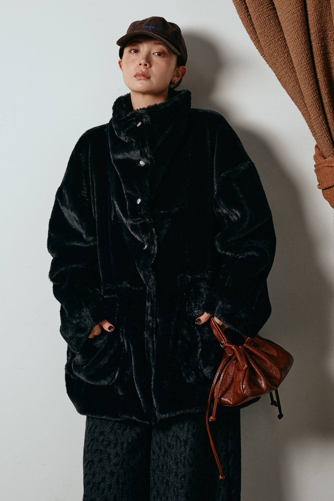 [SET]スタンドネックファーコート+レオパードジャガードニットパンツ(2set)